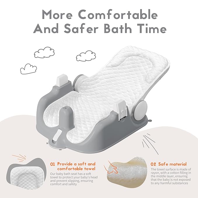 BabyBond Baby Bath Seat with Sitting & Lying 2 Modes, 3-Speed Adjustment, Powerful Suction Cups, Infant Bathtub Chair with Soft and Comfortable Towel, Folding and Hanging