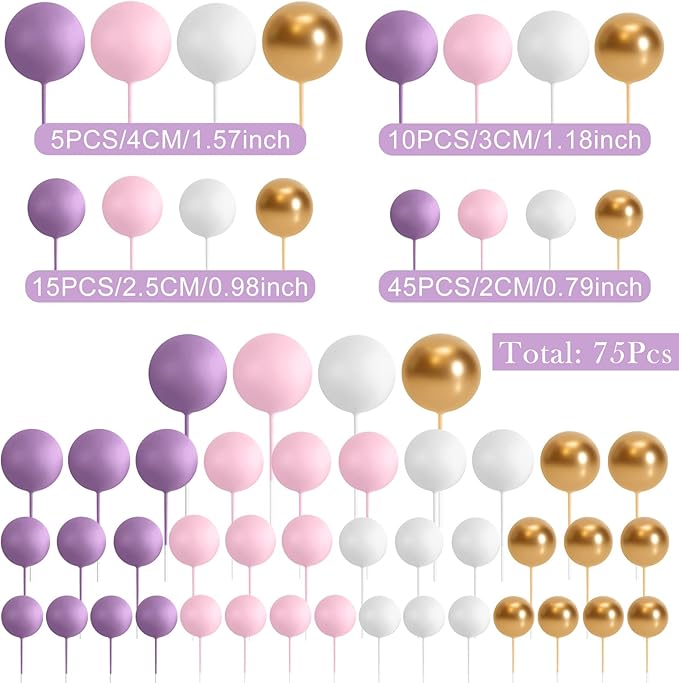 75 Pieces Cake Balls Topper Decorations Foam Cupcake Topper Mini Balloon Cake Topper Balls Cake Picks for Cake Deco Birthday Party Wedding（Purple,Pink,Gold,White）