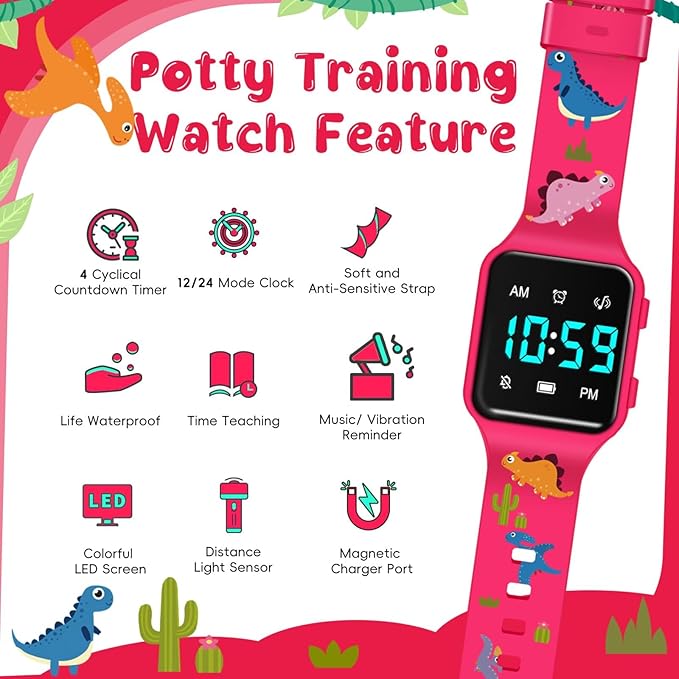 Potty Training Watch for Toddlers with Countdown, Magnetic Charging, Flashing Lights, Fun Music or Vibration Alerts - Waterproof Interactive Toilet Training Reminder for Boys & Girls Ages 2-9