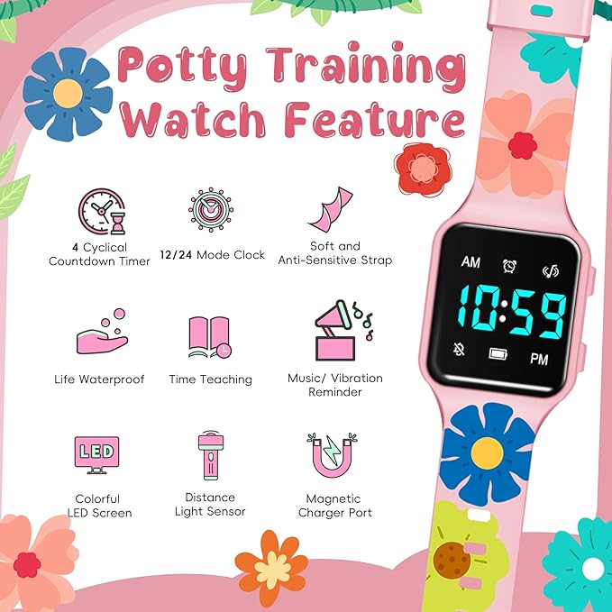Potty Training Watch for Toddlers with Countdown, Magnetic Charging, Flashing Lights, Fun Music or Vibration Alerts - Waterproof Interactive Toilet Training Reminder for Boys & Girls Ages 2-9