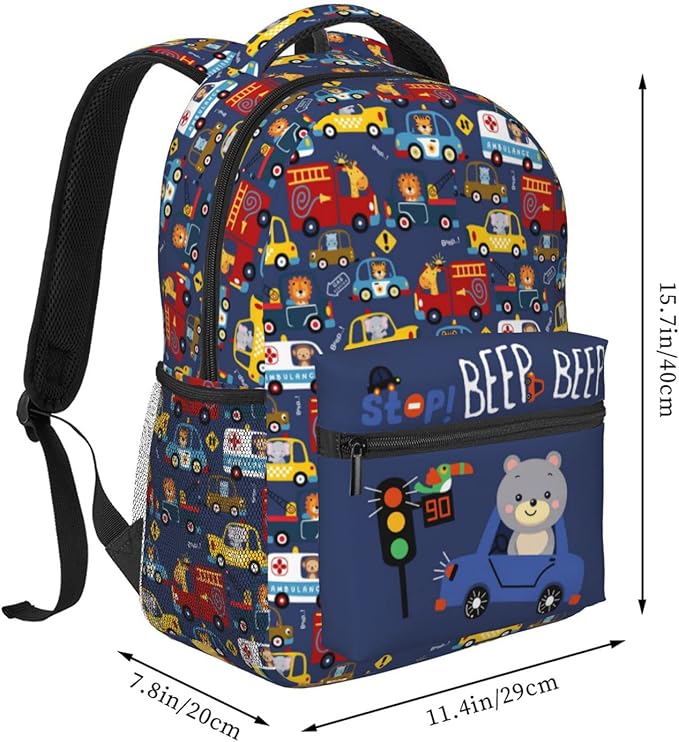 Cartoon Car Animal Backpack For Kids School Boys Girls, Bear & Traffic Light Design, Lightweight Waterproof Ergonomic Backpack For Age 3-5 5-7 7-9 9-12 School Book Bag Daypack Outdoor Play
