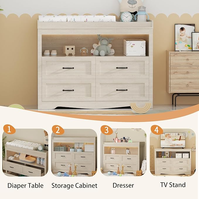 Baby Changing Table with Changing Table Top for Infants Nursery Dresser Chest with 4 Drawers Storage Changing Station Dresser with LED Light Diaper Changing Station Nursery Organizer,Beige