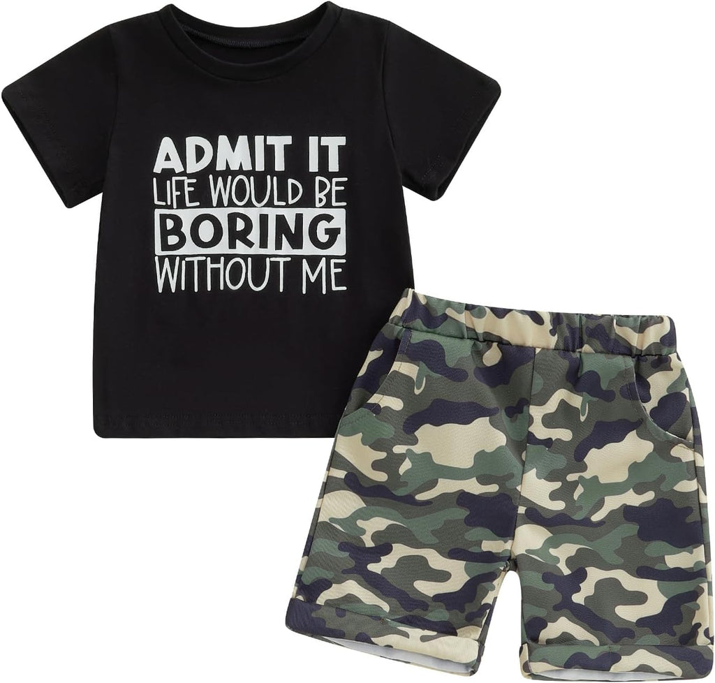 wdehow Toddler Kids Baby Boy Summer Clothes Sets 1T 2T 3T 4T 5T Letter Print Short Sleeve Tops Camouflage Shorts Outfits