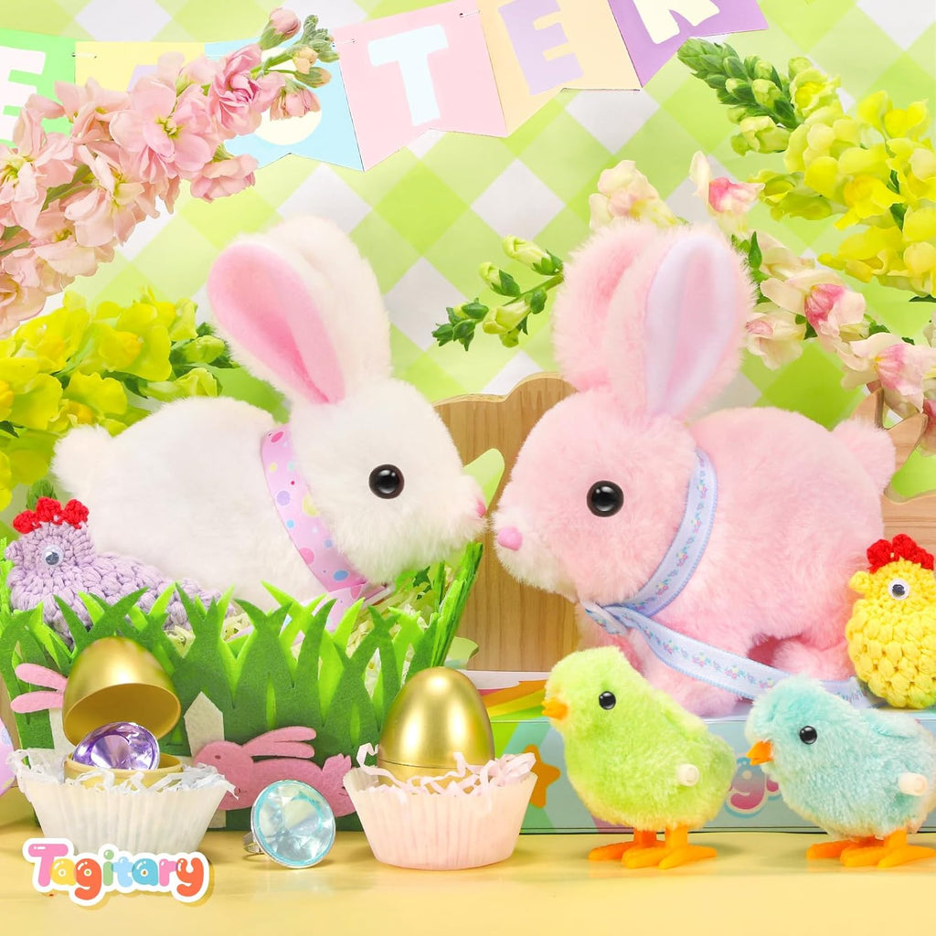 Tagitary Plush Toys Walking Bunny for Kids,Easter Stuffed Bunny with Sounds,Interactive Toys with Leash,Golden Egg,Wind Up Toy, Can Hop,Wiggle Ears,Twitch Nose,Ideal Easter Gifts for Toddlers