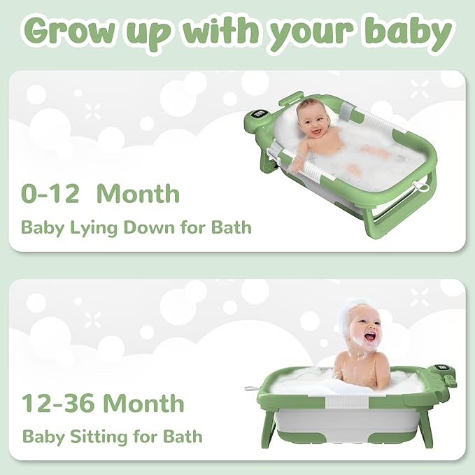 Collapsible Baby Bathtub for Newborn to Toddler (0-24 Months), Portable Baby Bath Tub for Travel, Newborn Bathtub with Soft and Supportive Cushion (Astronaut-Green)