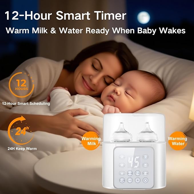 Double Bottle Warmer, LSZY Baby Bottle & Food Heater -Fast Milk Warmer for Breastmilk/Formula w/20 Bags, 45/75/100°C, 24H Keep Warm, Sanitize, Thaw Egg Cooker