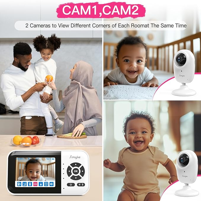 1080p Smart AI 2 Camera Video Baby Monitor,WiFi Switch,2.8" inch Display or WiFi Remote Access,Night Vision,1500ft Long Range,2-Way Talk,Sound Alert,Temperature Sensor,Lullabies Feeding Remind
