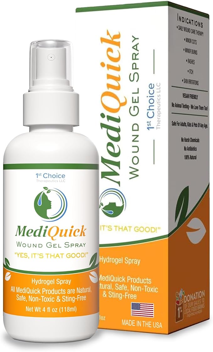 MediQuick Skin & Wound Repair First Aid Spray Gel 4 Fl Oz - Antiseptic Spray for Burns & Cuts with 12 Hour Action - Helps Heal Acne Rash Eczema Itch Bites & More - Safe Wound Wash with No Sting