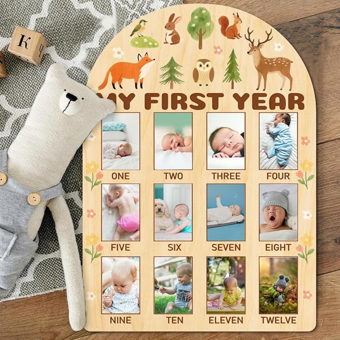 ORIGACH My First Year Baby Growth Photo Display Wood Board - 12 Months Newborn Milestones Photo Board - Neutral Baby Keepsake Board 1st Birthday Party Nursery Decor - Forest Animal & Flower
