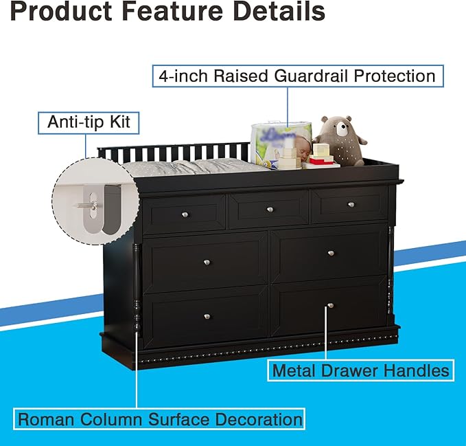 Baby Dresser with Changing Table Top, Black Dresser for Nursery with 7 Storage Drawers, Multi-Functional Baby Changing Table, Modern Diaper Nursery Dressers Station for Kids Bedroom