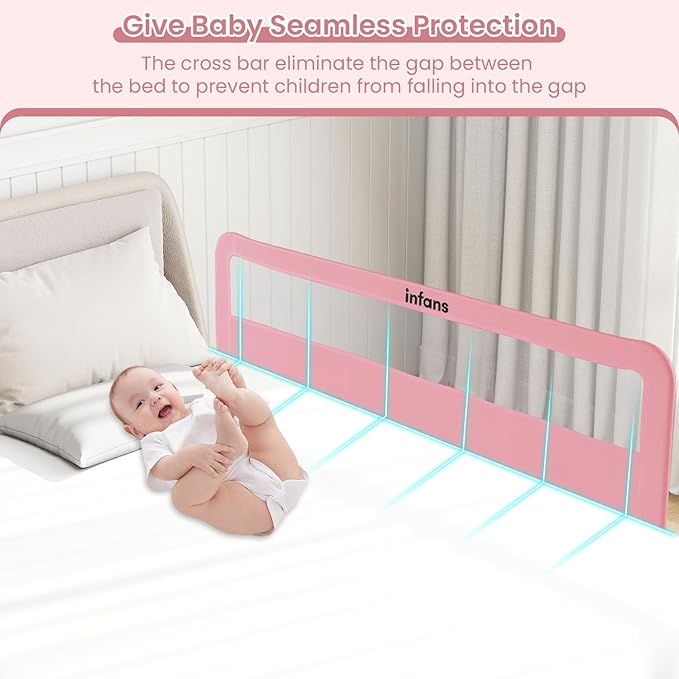 INFANS Bed Rail for Toddlers, 59" Foldable Safety Baby Crib Rail Fit for Kids Twin, Extra Long Swing Down Bed Guardrail for Convertible Crib, Queen, Full, King Mattress Side Guard (Pink)