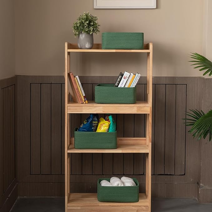 4 Pack Small Storage Shelf Baskets for Organizing, Mini Woven Rope Storage Bins for Towels, Cute Decorative Closet Organizer，Baby Nursery, Gift Empty Baskets -13''Lx8.66''Wx5.11''H-Green