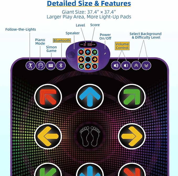SUNLIN Light Up Dance Mat for Boys Girls Ages 3 4 5 6 7 8, Fun Toy Gift w/ 9 Light Up Keys & Bluetooth, Interactive Music Pad w/ 4 Game Modes & Adjustable Volume, Birthday Gift for Kids 3-12