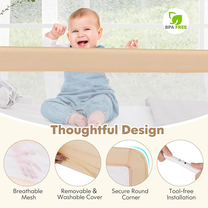 BABY JOY Bed Rails for Toddlers, 71'' Extra Long, Upgraded Swing Down Bed Guard w/Safety Strap, Folding Baby Bedrail for Kids Twin, Double, Full Size Queen & King Mattress (71-Inch, Beige)