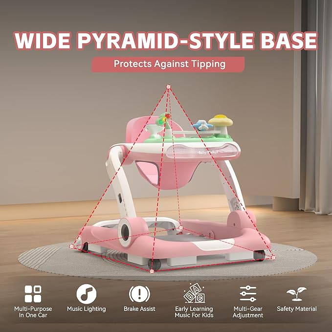 Baby Walker with Wheels, 5 in 1 Walker for Baby Boy Girl 6-12 Months with Bouncer, Music and Lights Baby Jumper Activity Center, Adjustable Height Speed, Push Walker for Ages 6-18 Months Toddler