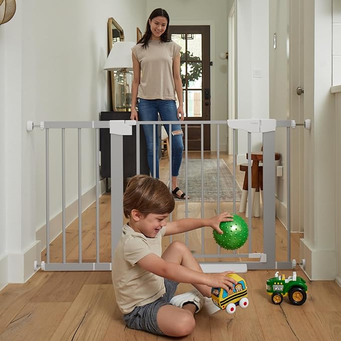 Cumbor 29.7-46" Baby Gate for Stairs, Gifts for Mom-Auto Close Dog Gate for The House, Easy Install Pressure Mounted Pet Gates for Doorways, Easy Walk Thru Wide Safety Gate for Dog, Gray
