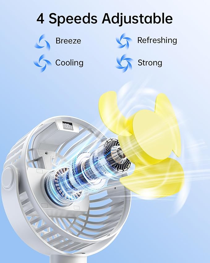 SWEETFULL Portable Stroller Fan with Display 4000mAh Battery Powered Mini Clip On Fan, 4-Speed Rechargeable Small Personal Cooling for Baby Car Seat Crib Travel - White