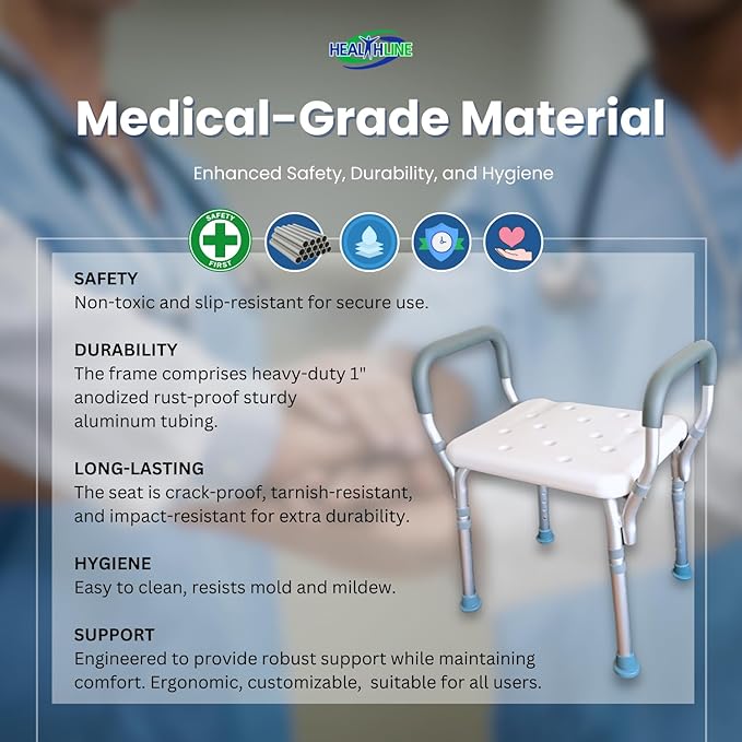 HEALTHLINE Adjustable Shower Bench with Arms – Lightweight Bath Seat with Padded Handles, Height 15"–20", White Plastic Seat with Drainage Holes, for Balance Assistance in Shower/Tub, 300 lb Capacity