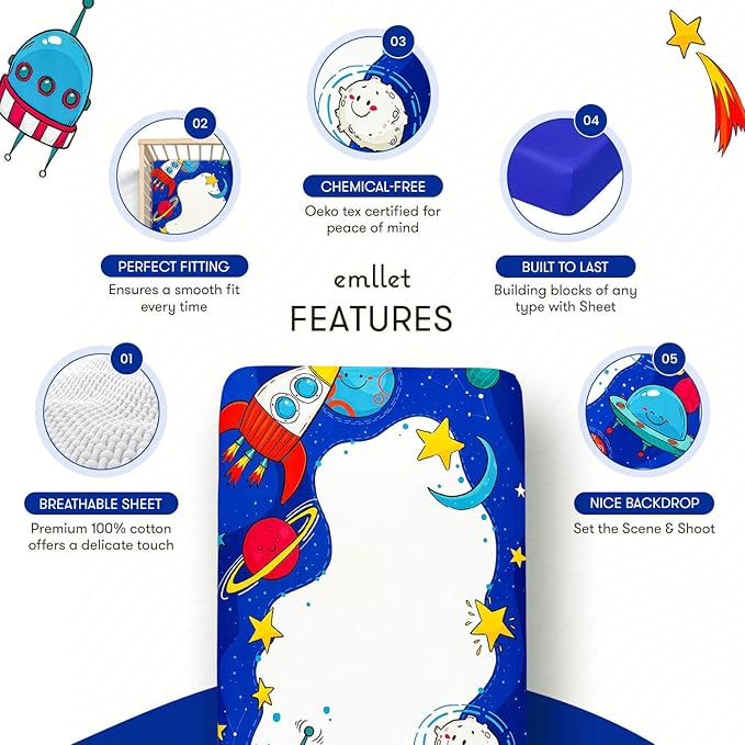 100% Cotton Fitted Crib Sheet – Cosmic Adventure Space Theme, Soft Nursery Bedding for Baby Boy or Girl, Fits Standard Crib Mattress 52x28in