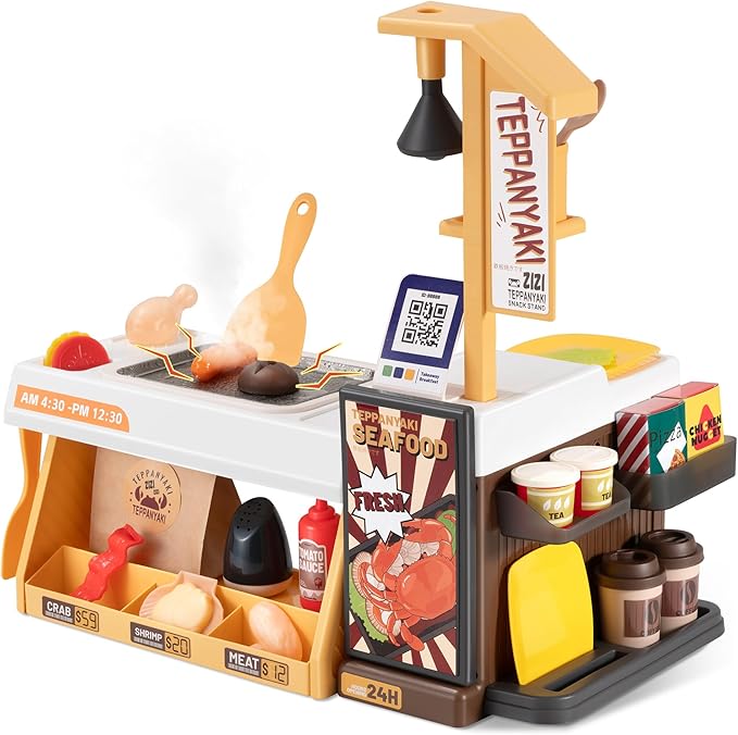 Kids Kitchen Food PlaySet - Simulated Teppanyaki Fast Food Restaurant Toy with Cash Register, Includes Color-Changing Food, Suitable Birthday Gift for Boys and Girls Aged 3-5