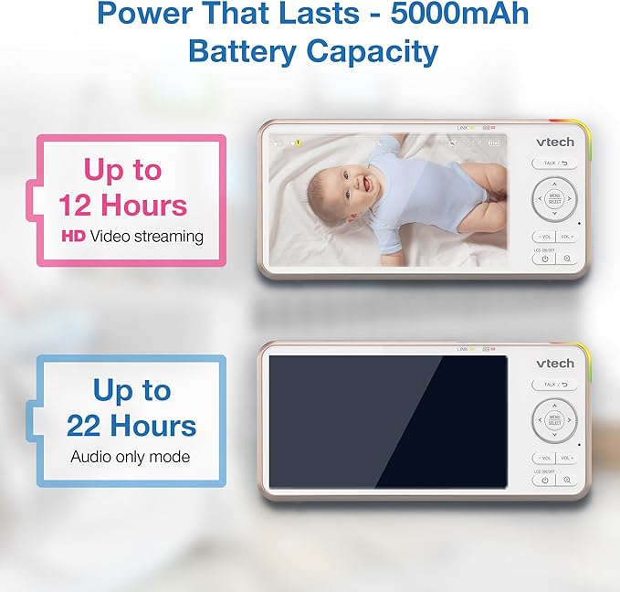 VTech V-Care VC2105 1080p FHD Over-The Crib Mount Smart Baby Monitor 5” 720p LCD Screen,Table Stand,Remote Access,Versatile Placement,Intelligence Detection, Sleep Analysis,18hrs Recording,with WiFi