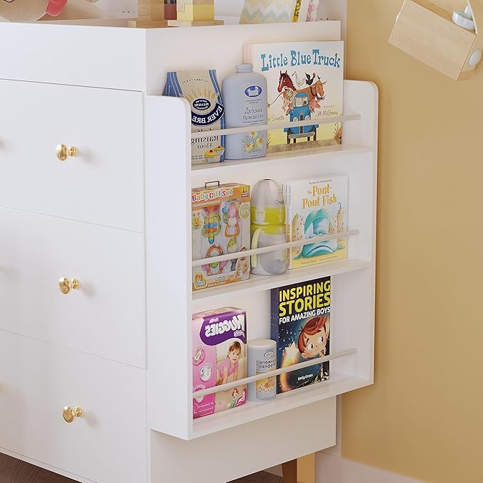 Baby Changing Table Dresser,Diaper Changing Table with Large Tabletop,4 Drawers, Open Storage Space & Side Shelves,Modern Storage Crib with Changing Table for Nurseries and Baby Rooms,White