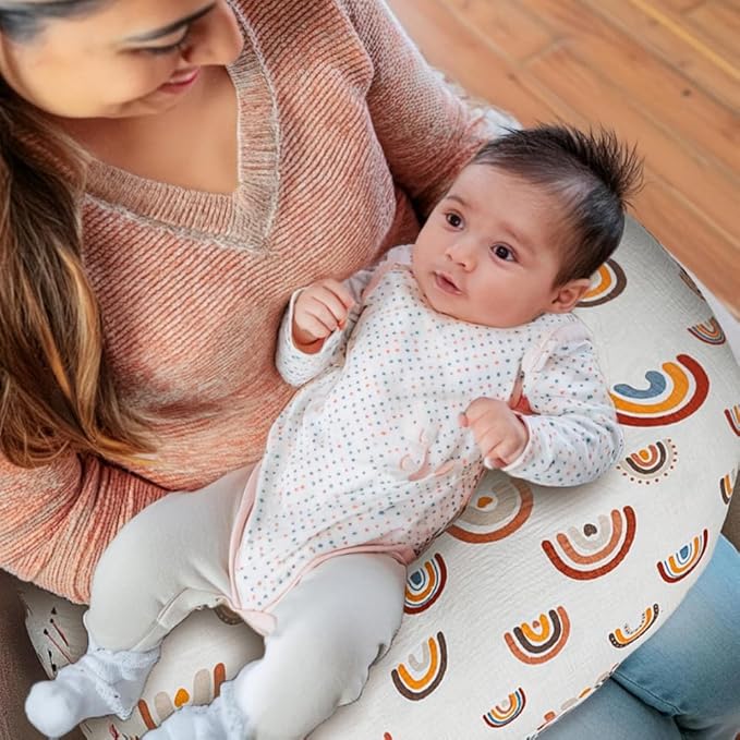 2 Pack Muslin Nursing Pillow Cover 100% Cotton Boho Neutral Stretchy Removable Baby Nursing Covers for Breastfeeding Pillows Soft Breathable Pillow Slipcover for Newborn Baby Boy or Girl (Boho)