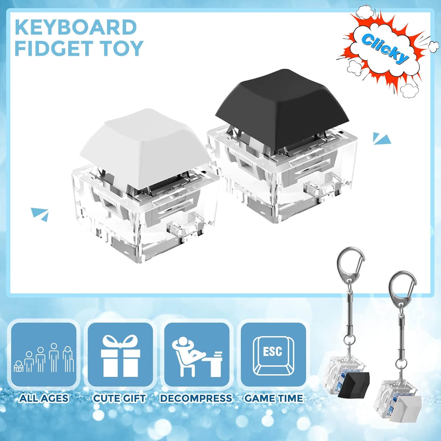 Keyboard Fidget Toys, Keyboard Fidget Keychain Keyboard Decompression Toys Keyboard Fidget Toy Button Stress Relief Gifts for Adult and Kids,Finger Clicker Toys,ADHD Toy,Cool Fidgets(White and Black)