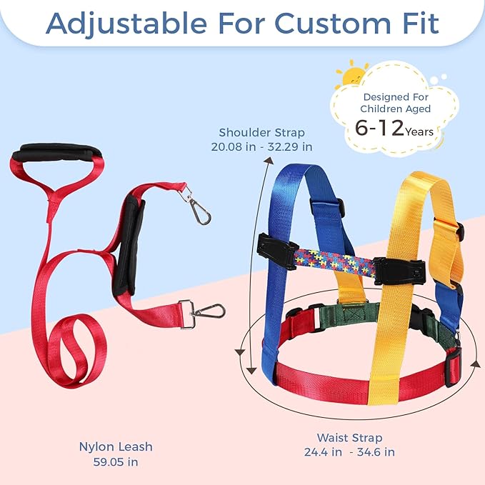 Safety Harness Leash for Big Kids with Autism and Special Needs (6-12 yrs), Child Adjustable Elopement Harness with Emergency Handle and Tether, Keep Active Autistic/ADHD Kids Safe and Free Outdoors