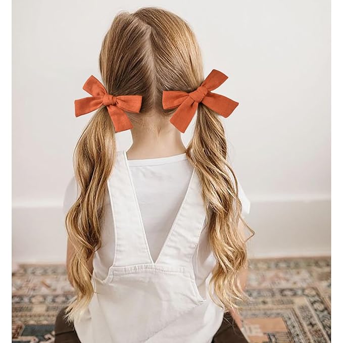 DEEKA 4 PCS Burnt Orange Cotton Linen Hair Bows 3 Styles 5" & 4" Handmade Hair Bow set for Toddler Girls Alligator Hair Clips Knot Bows Hair Accessories for Little School Girls (Burnt Orange)