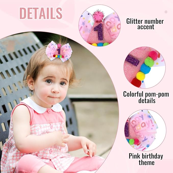 Birthday Hair Bow for Baby Girls 1 2 3 4 5 6 Year Old Sprinkle Hair Clips Happy Birthday Decorations for Girls Toddlers With Pom-Poms Ice Cream Candy Party Pink Hair Accessories for 1st Sweet Party