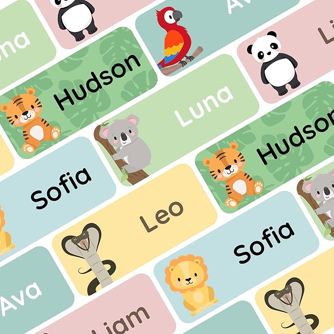 Personalized Name Labels for Kids (180) – Custom Waterproof & Durable Stickers for Clothing, Daycare, Office & School Supplies - Exotic Animals