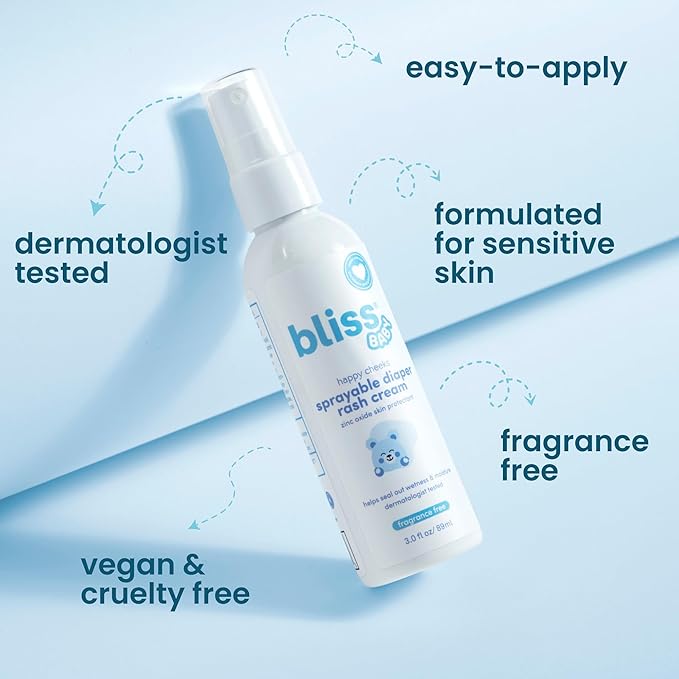 Bliss Baby Diaper Rash Cream Spray - Fragrance-Free, No Touch & Mess-Free, Treats, Soothes & Prevents Diaper Rash, Zinc Oxide, Dermatologist Tested, Vegan, Organic Aloe Vera, Shea Butter & Olive Oil