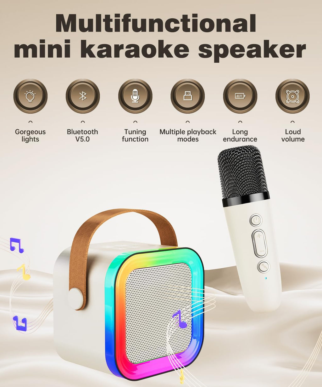 Mini Karaoke Machine Speaker for Kids Adults,Portable Bluetooth with 1-2 Wireless Microphones,Christmas Birthday Gifts Toys Girls Boys Ages 4, 5, 6,7, 8,9,10,11,12+ Years Old Toddler (Off-White -1Mic)