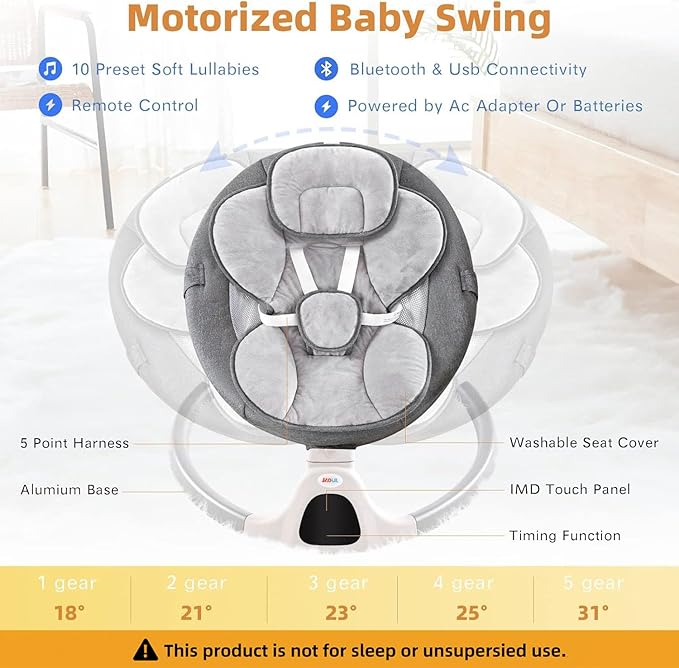 Baby Swing for Infants,Comfort Cradling Baby Rocker Portable Newborn Swing with Music/Remote Control/Timing Function,Grey