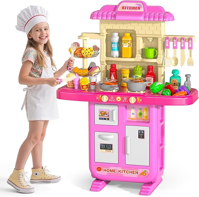 36 in Kids Kitchen Playset for Ages 2-6 4-8, Play Kitchen with Light, Sound and Spraying, Sink Toy Accessories, Cooking Stoves, Pretend Food Toys for Toddlers 1-3 3-5 Boys Girls 6-12 (Pink)