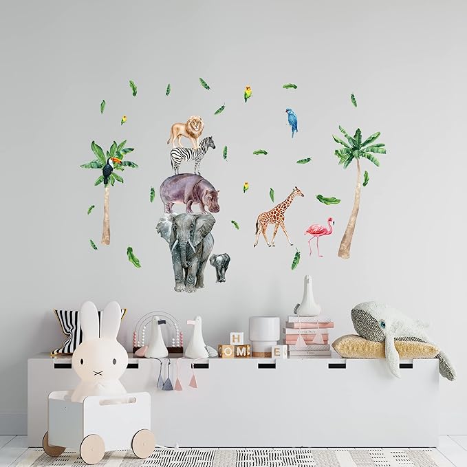 Safari Animal Wall Decals for Kids by Lipastick-Peel and Stick Jungle Stickers Giraffe, Elephant, Hippo, Palm Tree, Parrot for Toddlers Room, Nursery, Playroom, Classroom, Daycare Decor Art- S Size
