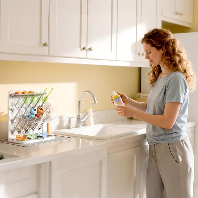 Lifewit Large Baby Bottle Drying Rack with Drain Mat, 15 Hooks Vertical Rack Dryer with Removable Pacifiers Box, Drip Tray, Space Saving Countertop Holder Organizer for Weighted Straws, Pump Parts