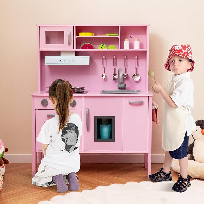 HONEY JOY Kids Kitchen Playset, Wooden Play Kitchen for Toddlers, Microwave, Range Hood, Ice Maker, 18 Cooking Accessories, Little Chef Pretend Play Toy Kitchen Set, Gift for Boys Girls, Dark Pink