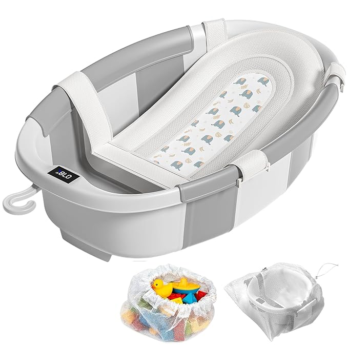 Collapsible Baby Bathtub, Baby Tubs for Newborns with Soft Cushion & Thermometer & Toy Organizer Mesh Bag, Infant Bathtub to Toddler 0-36 Months, Portable Travel Newborn Baby Bathtubs (Grey)