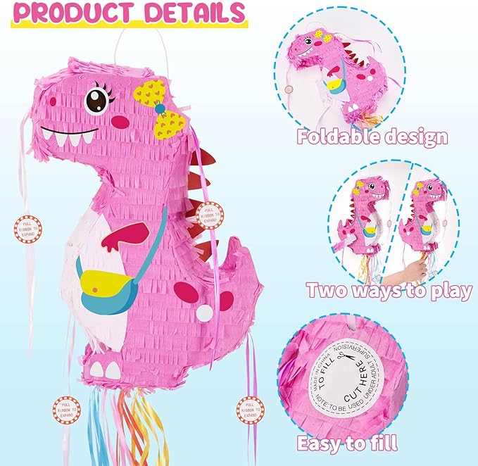 WERNNSAI Foldable Dinosaur Piñata - Pull String Dinosaur Birthday Party Supplies Extendable Piñata with Blindfold Bat and Tassels Dinosaur Birthday Decoration Pink Dinosaur Piñatas for Classroom Game
