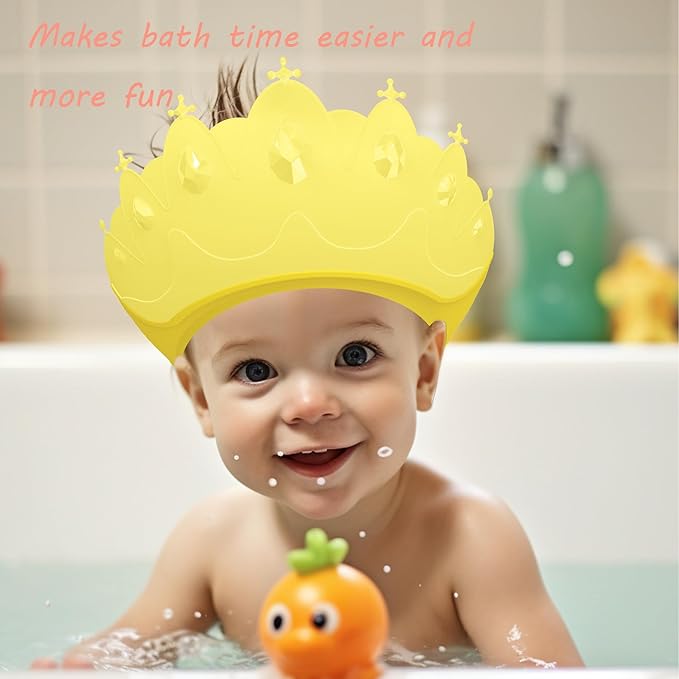 Baby Shower Cap Shield, Baby bath set shower cap, Visor Hat for Eye and Ear Protection for 0-9 Years Old Children,Cute Crown Shape Makes the Baby Bath More Fun (Yellow)