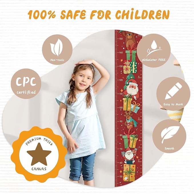 Personalize Name Baby Height Growth Chart, Christmas Theme Canvas&Wood Growth Chart for Wall Room Nursery Decor, Waterproof Measuring Wall Ruler, Wall Tape with Height Chart for Kids