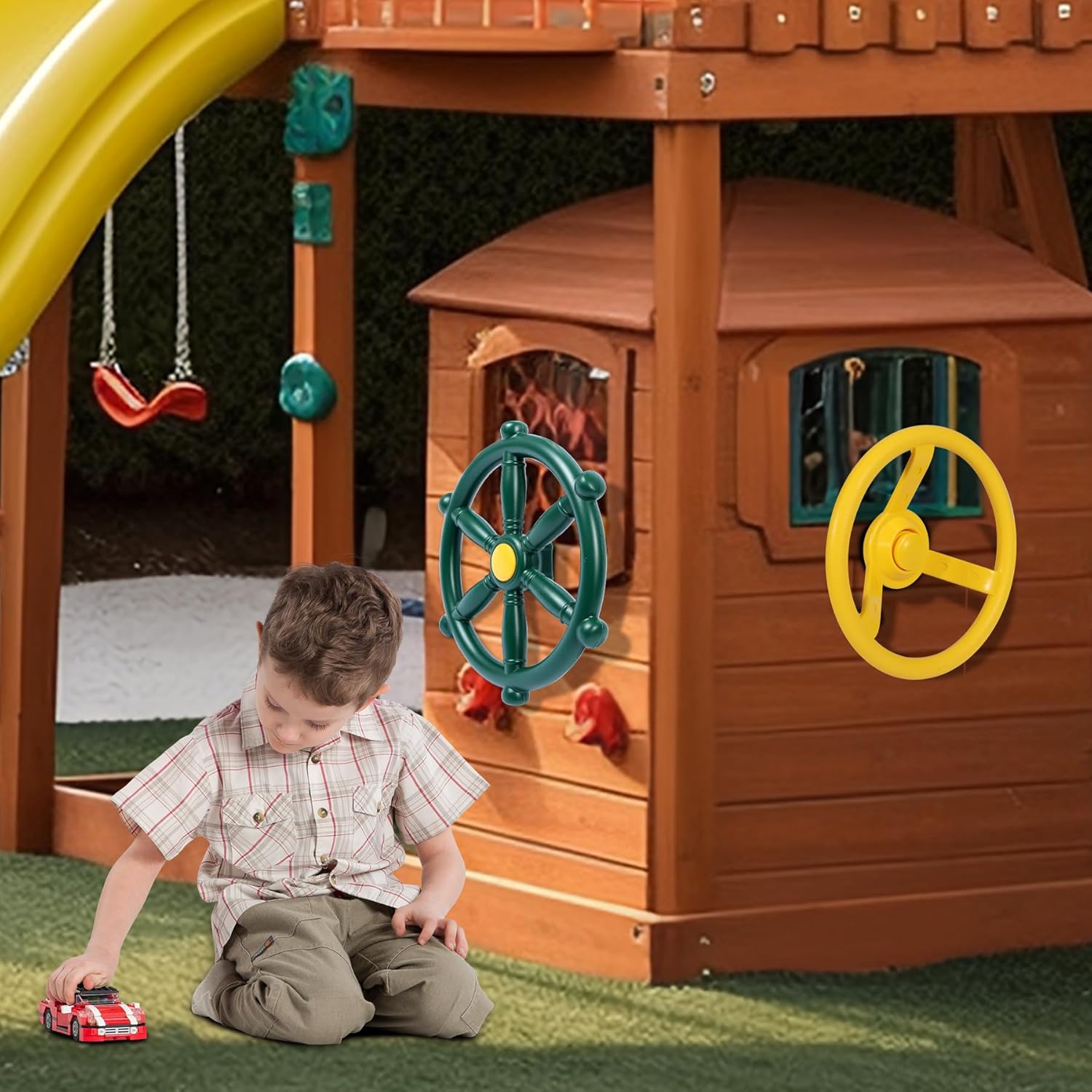 RedSwing Playground Accessories for Kids, Outdoor Playground Attachments with 2 Pirate Ship Wheel, Toy Telescope, Telephone and Safety Handles (Yellow and Green)