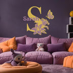 CRYPTONITE Custom Name & Initial with Lily and Butterfly I Flower Wall Decals for Bedroom Decor | Custom Decal for Girl Bedroom Decor I Pink Room Decor for Little Girl Room Decor (B. Flower)