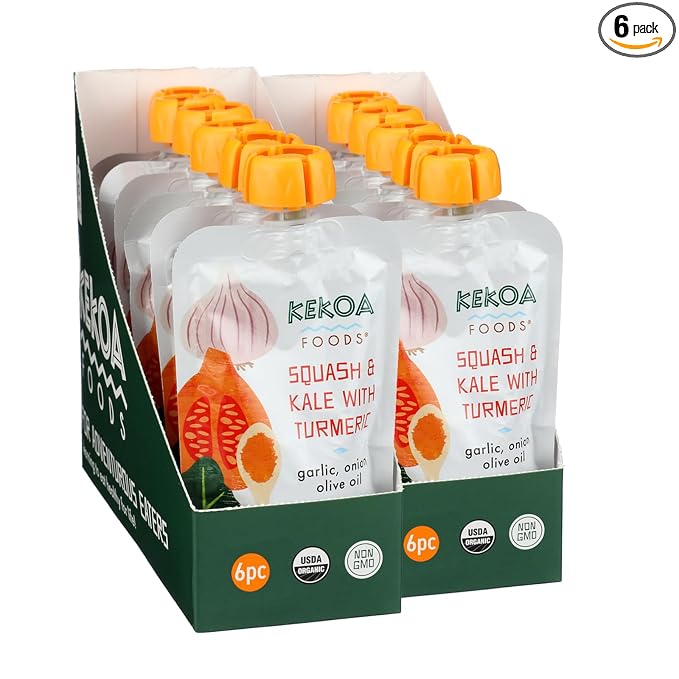 Kekoa Foods Squash & Kale with Turmeric Baby Food Purée | 100% USDA Certified-Organic Vegetarian Squeeze Pouch | Organic, Non-GMO, Gluten-Free, Vegan | Nutritious First Food for Babies | 3.5 oz
