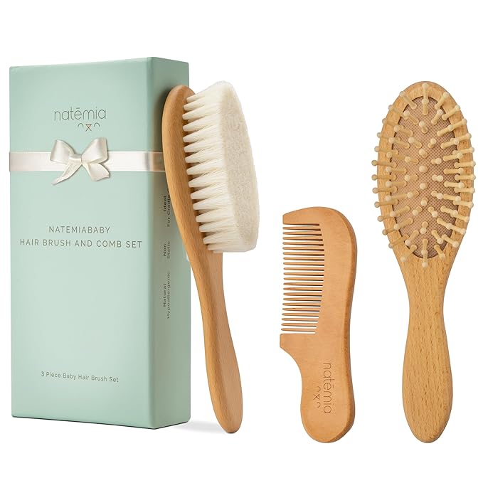 Natemia Wooden Baby Hair Brush & Comb Set for Newborns - Soft Bristle, Toddler Cradle Cap Brush - Toddler Comb - Perfect Baby Shower Registry Gift Set