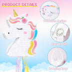 WERNNSAI Foldable Unicorn Piñata - Pull String Unicorn Birthday Party Supplies Extendable Unicorn with Blindfold Bat and Tassels Unicorn Birthday Party Decoration Games Folding Piñatas for Kids