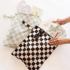 Tiny Twinkle Mess-Proof Waterproof Wet Dry Bag | 2-Pack Reusable Wet Bags for Swimsuits & Baby Clothes | Leakproof Wet Bag for Travel & Diaper Changes for Baby (Black, Green Checkers)