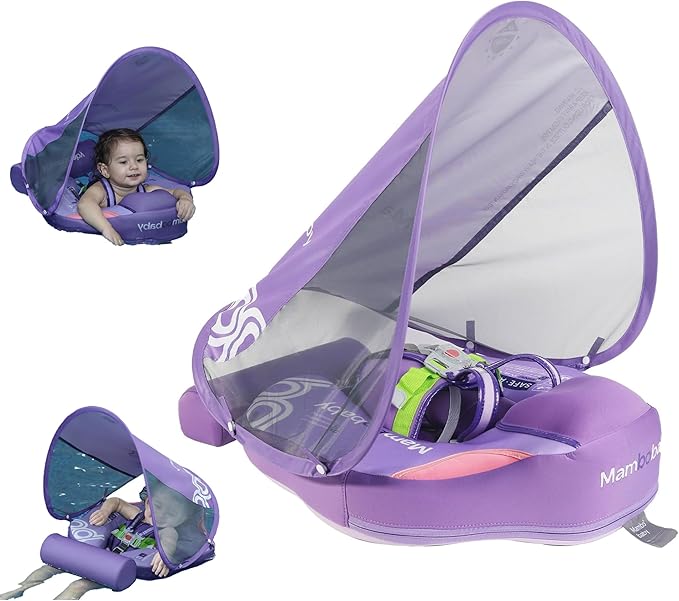 Mambobaby Float Baby Float with Canopy & Tail Non-Inflatable Infant Pool Floats Adjustable Safety Strap Toddler Swim Trainer (Purple)